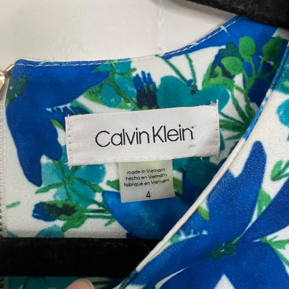 Calvin Klein Blue Green Floral Sheath Dress Ruffle Short Sleeve 4 Small mc - Picture 2 of 5